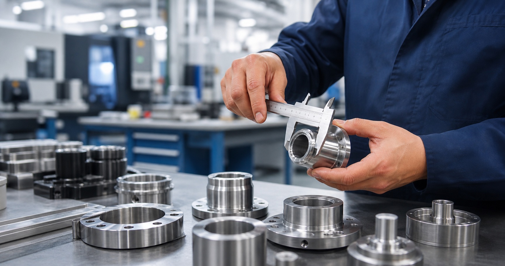 Engineer checking stainless steel machined parts with a caliper in a modern workshop