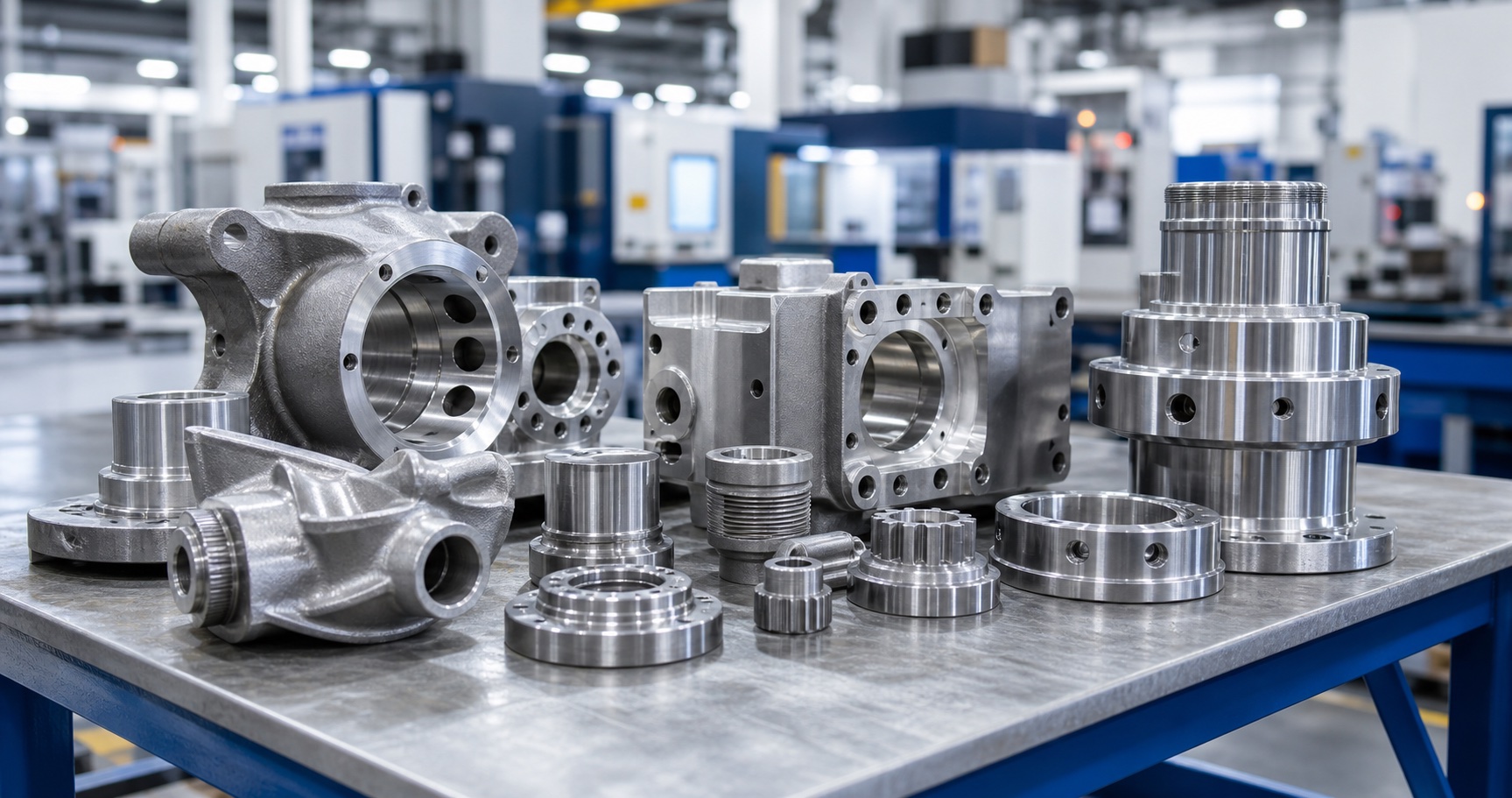 Stainless steel casting parts and CNC machined metal components in a clean factory workshop