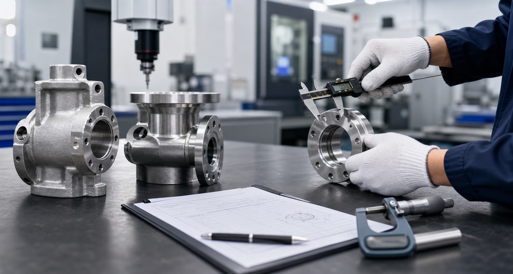 Quality inspection of stainless steel casting and CNC machined parts with caliper and micrometer